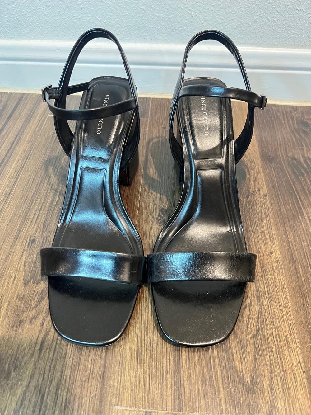 Vince Camuto Black Leather Ankle-Strap Block Heel Sandals